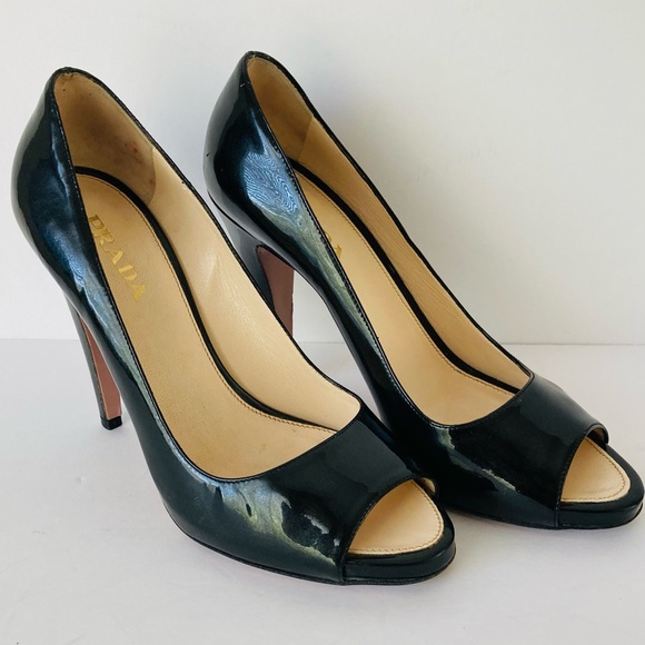 Prada Peep Toe Open Toe Black Patent Leather Pumps Heels - Picture 11 of 15